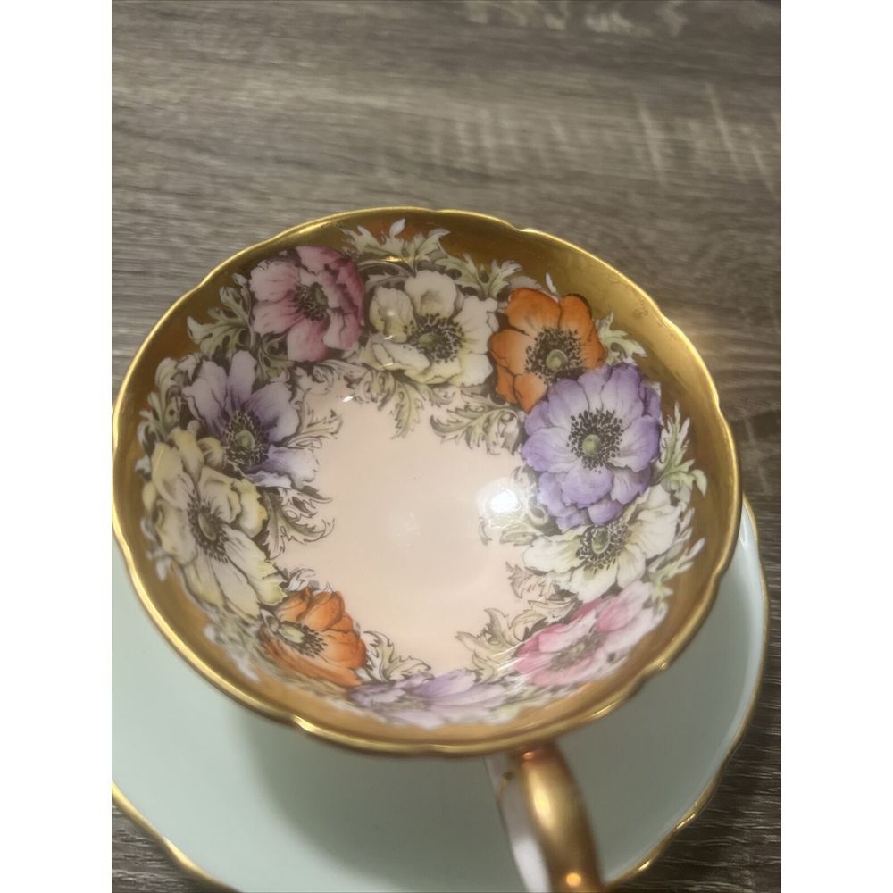 VTG Paragon Anemones Poppies on Gold Pink Background Tea Cup & Saucer Blue Rare! - Picture 5 of 16